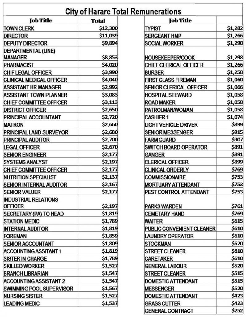 Document shows Harare City Council's highest paid employee receives 12