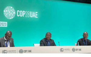 African Group of Negotiators chairperson Collins Nzovu (left) and Environment minister Mangaliso Ndlovu (centre) during a press conference at COP28 in Dubai.